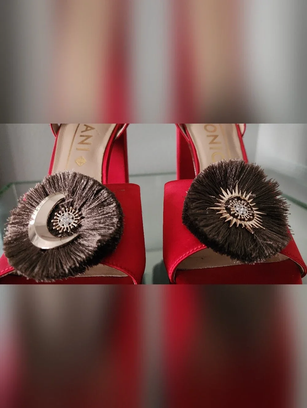 Melani Red Velvet Platform Sandals with Decorative Fringe